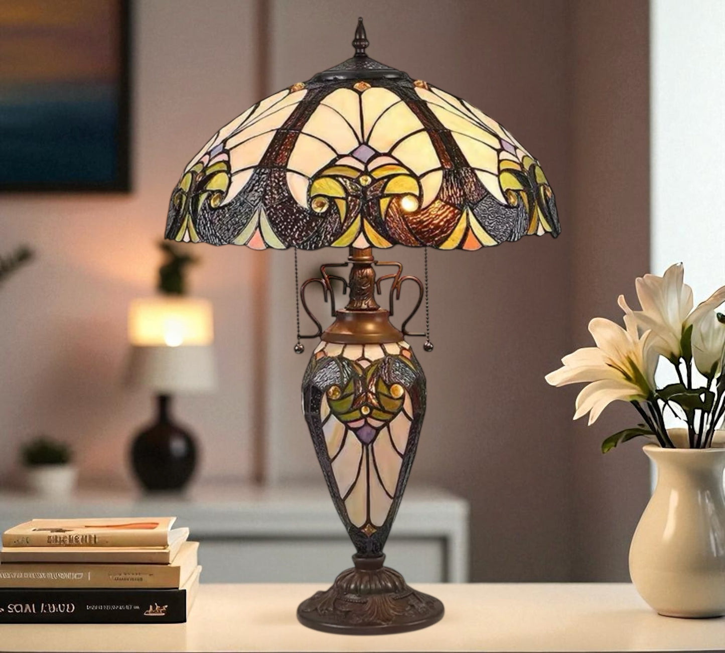 CDH 16" LARGE Tiffany Mother-Daughter Vase Lamp 40cm Shade (15011E)