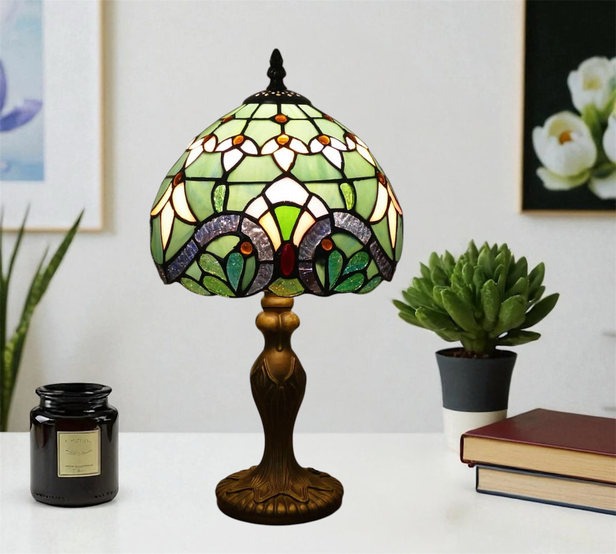 Stained glass table lamp, dome shade with multicolor panels and bronze base