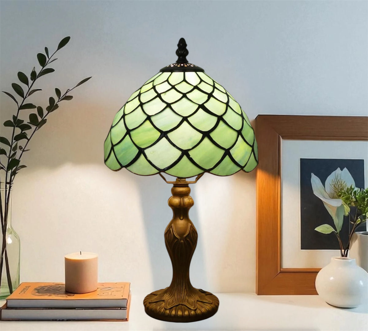 10-inch stained glass table lamp with green scalloped shade and ornate metal base
