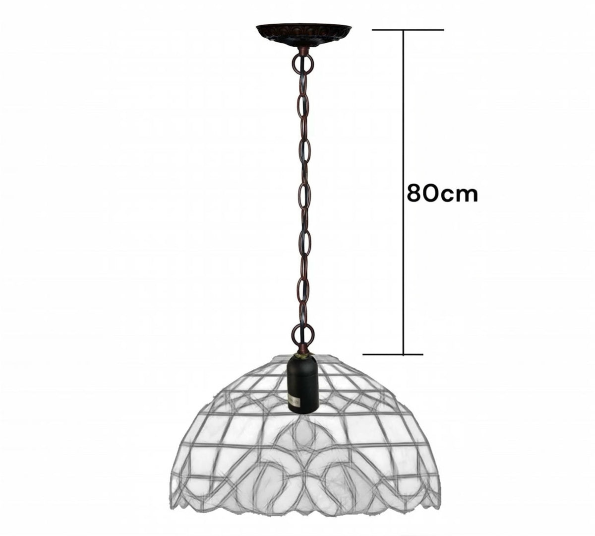 Stained glass pendant lamp with scalloped dome shade and dark metal chain and socket