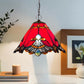 Red Tiffany-style pendant lamp with hanging chain and central white glass motif