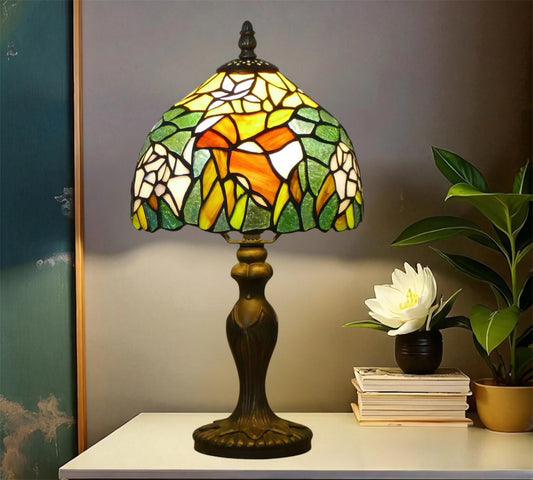 Bronze base Tiffany stained glass table lamp with multicolor leaf and flower style shade