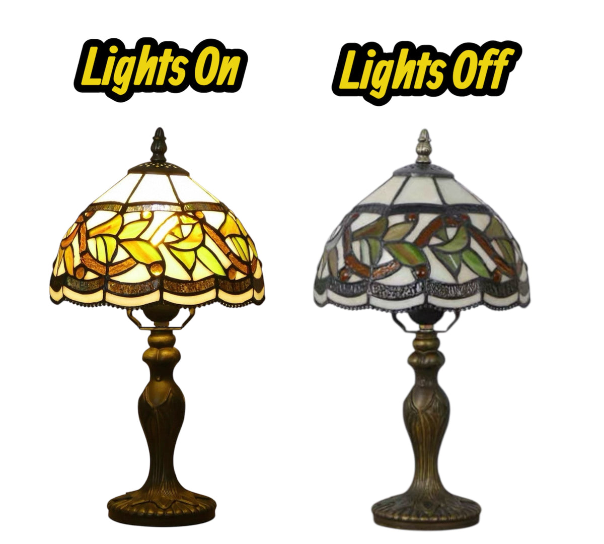 Tiffany-style table lamp with stained glass shade, metal alloy base, lights on/off view.