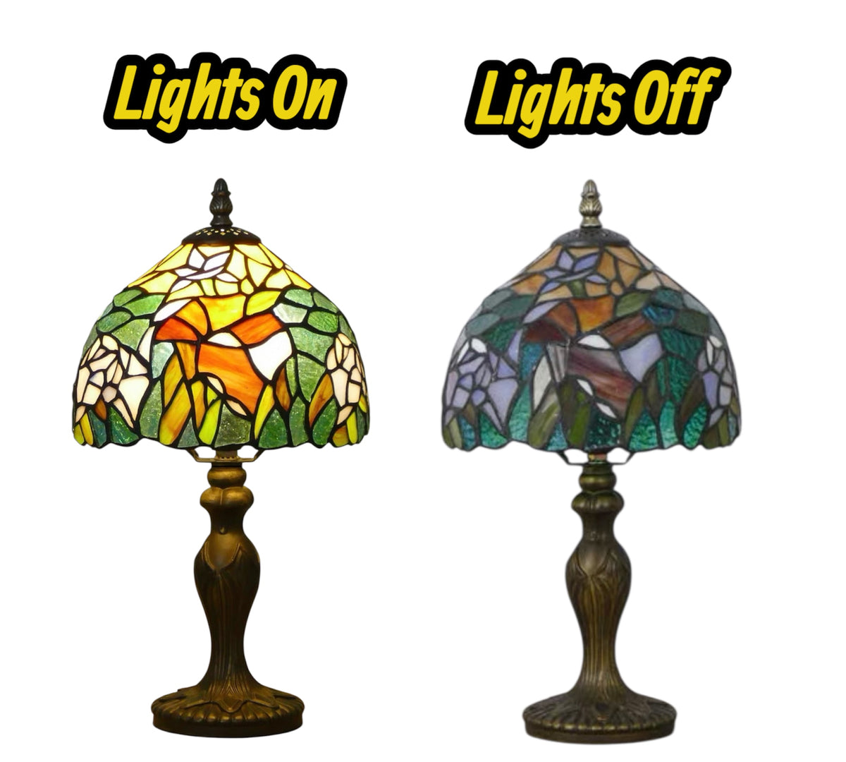 Tiffany-style stained glass table lamp with bronze base; warm multicolor shade, lights on/off view