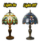 Stained-glass table lamp showing lights on vs lights off