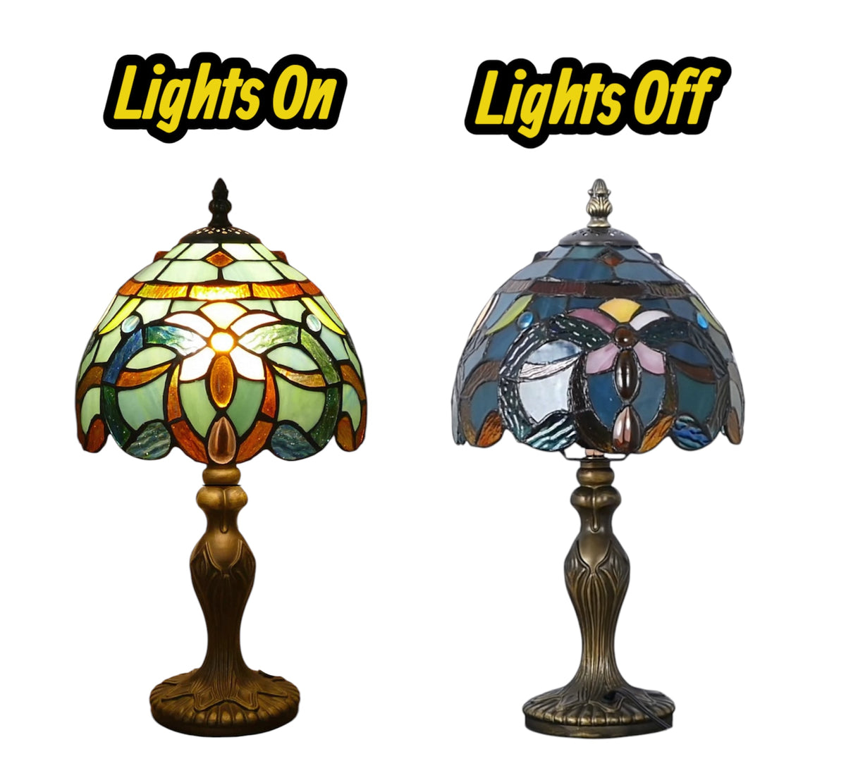 Stained-glass table lamp showing lights on vs lights off