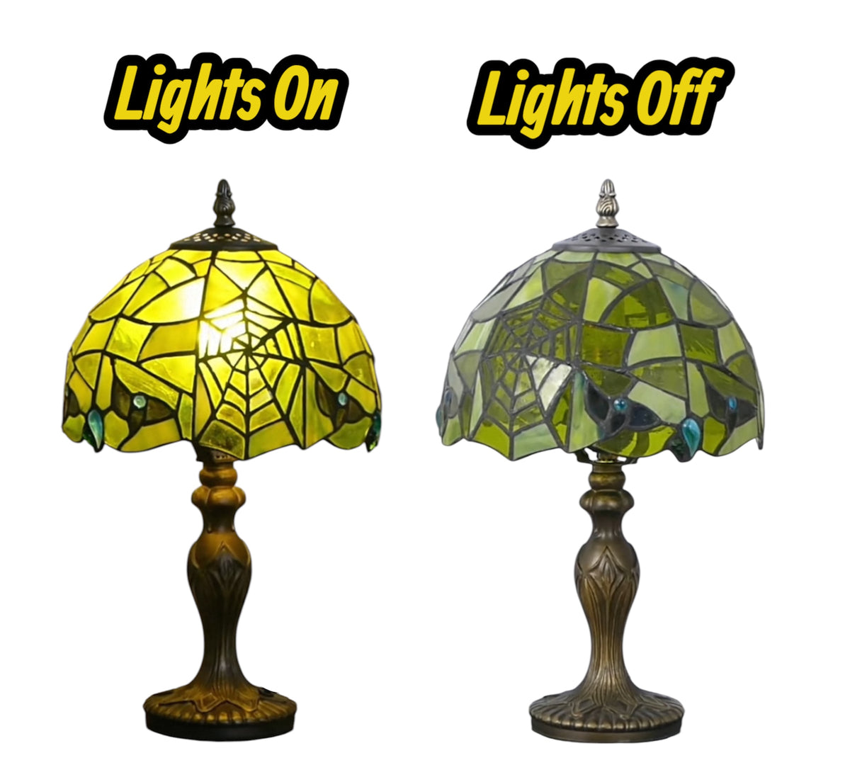 Green Tiffany table lamp shade showing lights on vs lights off, dark metal base