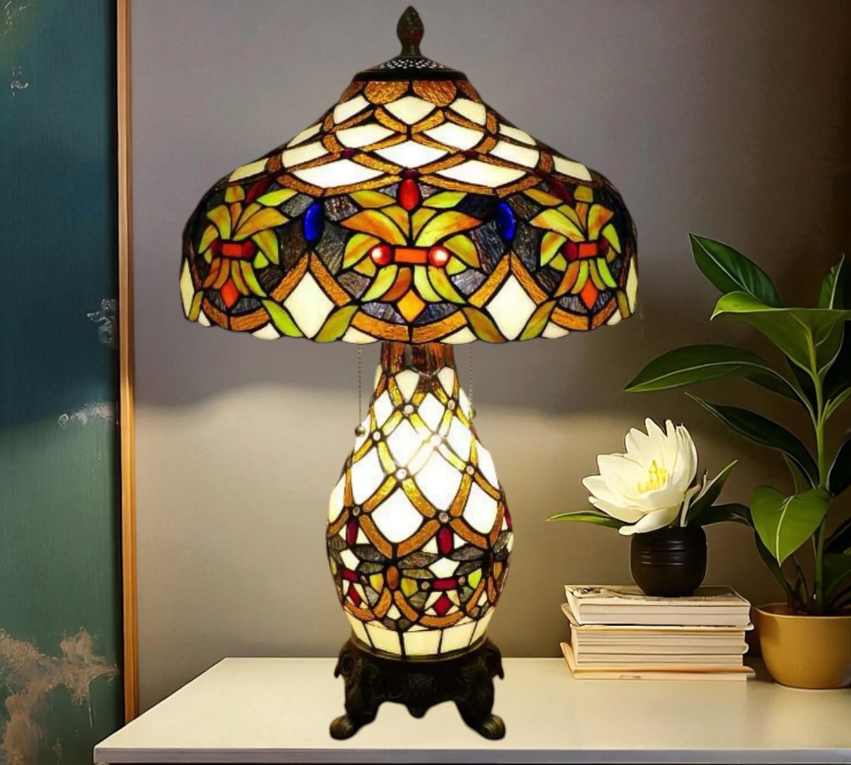 Multicolor stained-glass table lamp with flared shade and ornate resin base