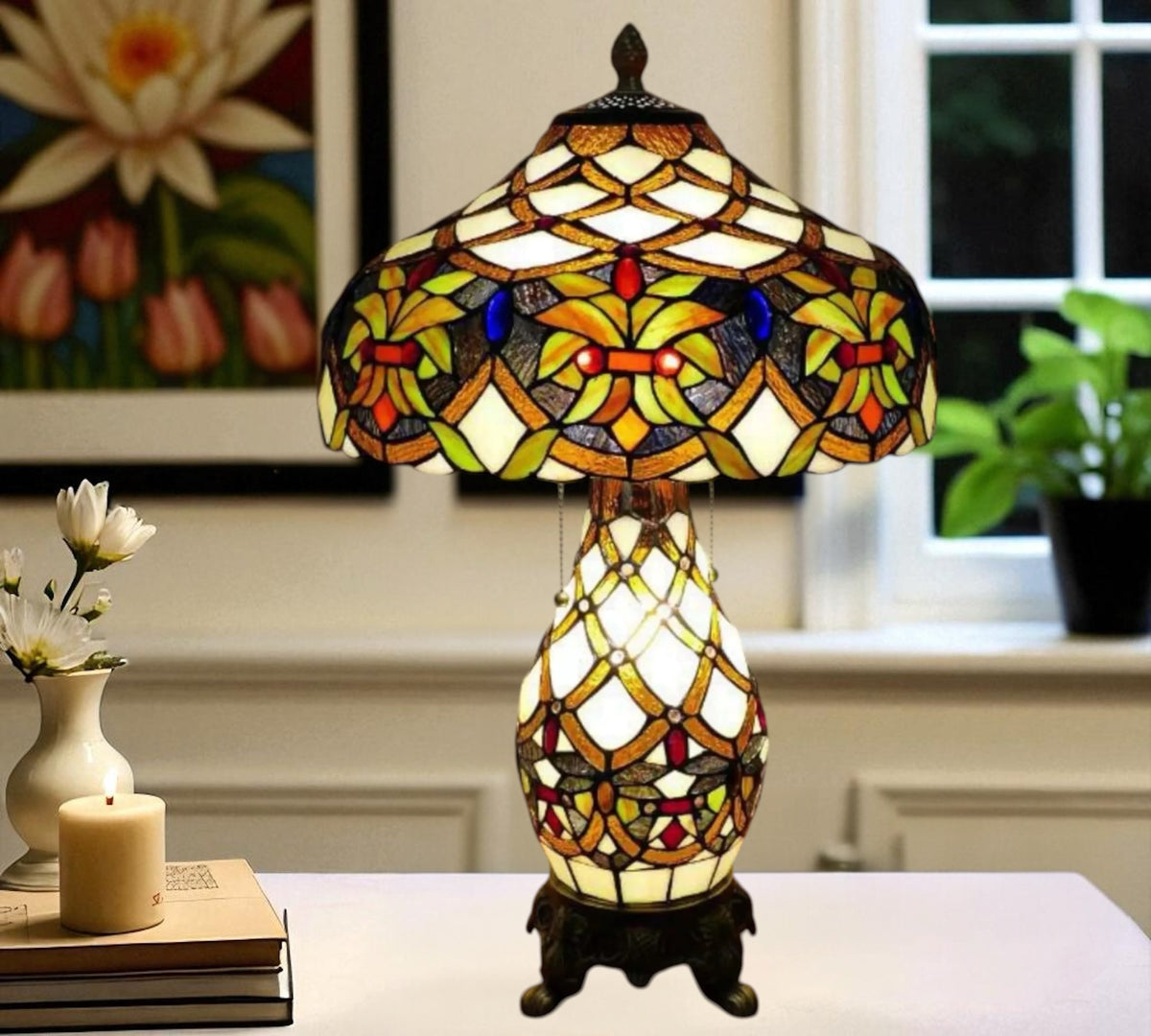 Tiffany-style stained-glass table lamp with amber, green, and blue shade