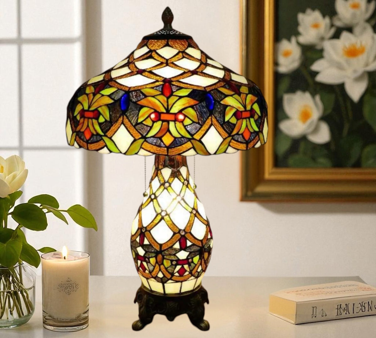 Tiffany-style stained-glass table lamp with narrow hourglass body and floral shade