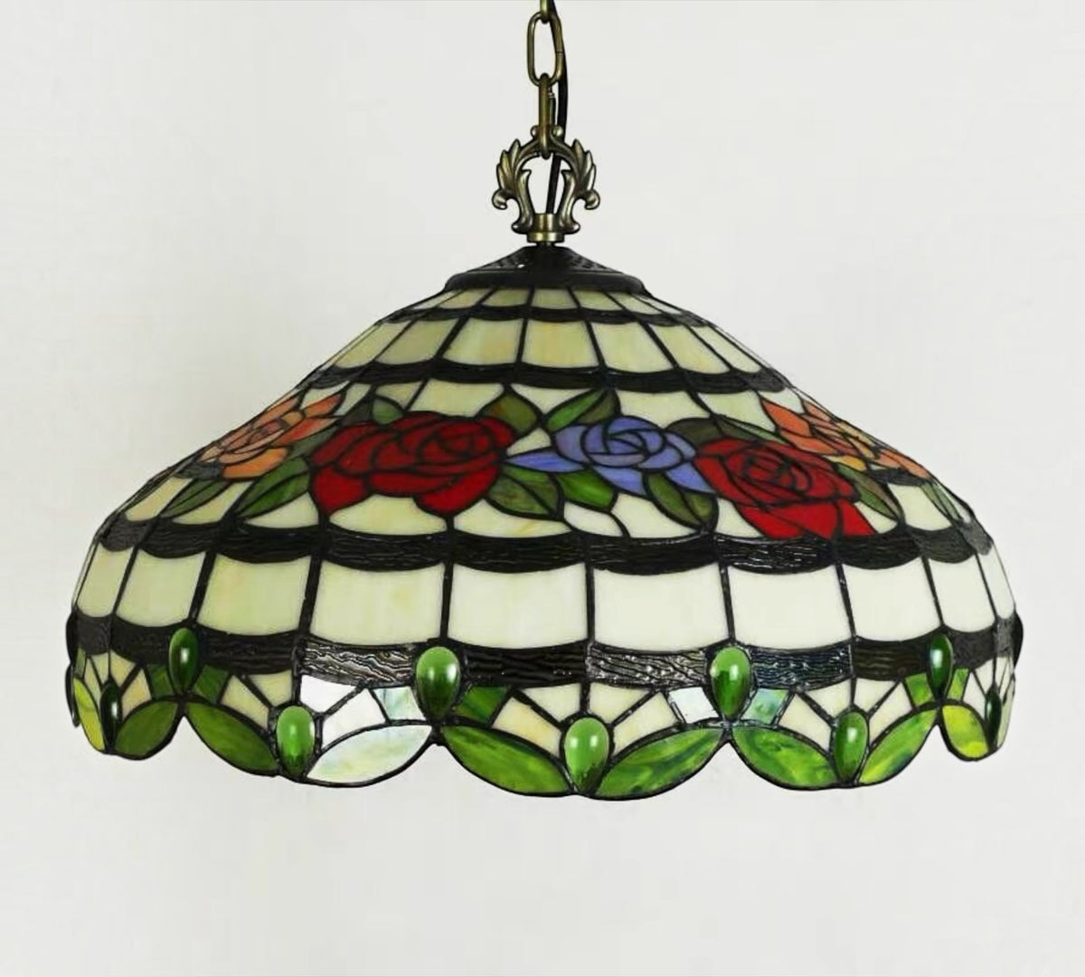 Stained glass pendant lamp shade with floral pattern and scalloped edge