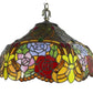 Close-up multicolor floral stained-glass pendant lamp shade with metal top