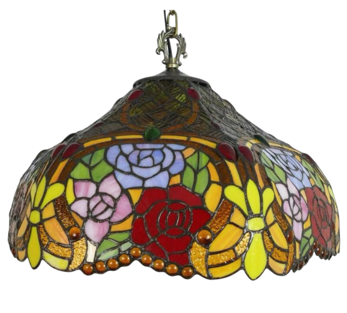 Close-up multicolor floral stained-glass pendant lamp shade with metal top