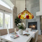Multicolor stained-glass floral pendant lamp with hanging chain and metal cap