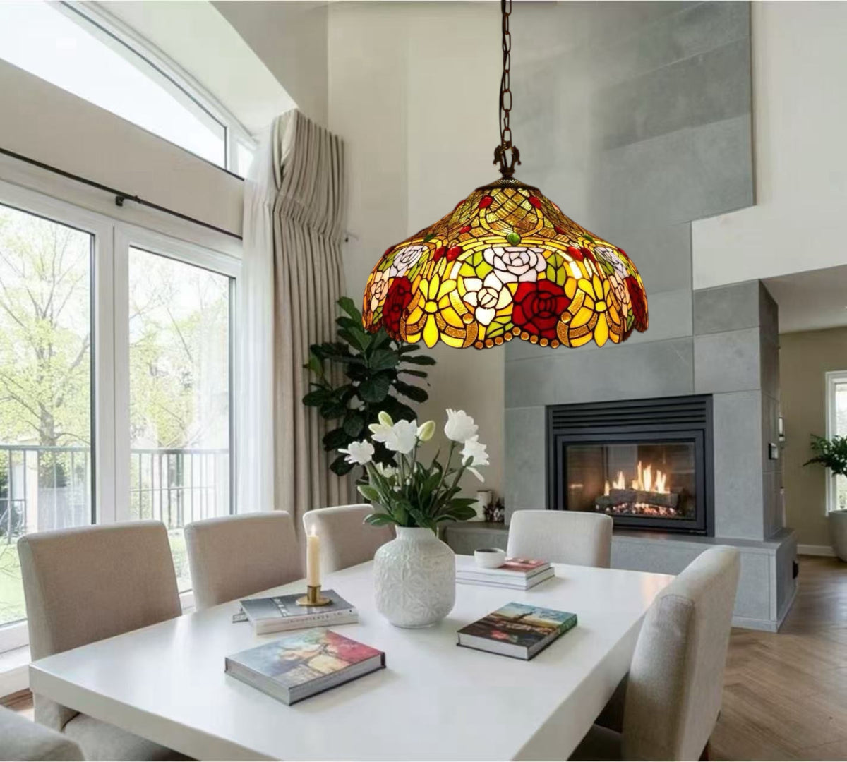 Multicolor stained-glass floral pendant lamp with hanging chain and metal cap