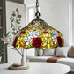 Front view multicolor floral stained-glass pendant lamp shade with dark hanging chain