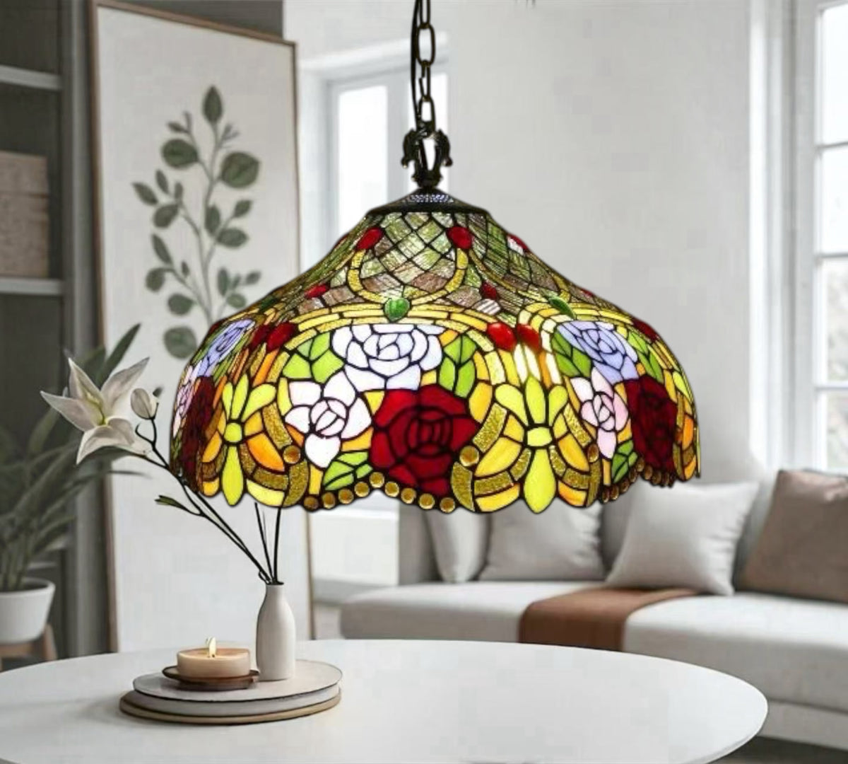 Front view multicolor floral stained-glass pendant lamp shade with dark hanging chain