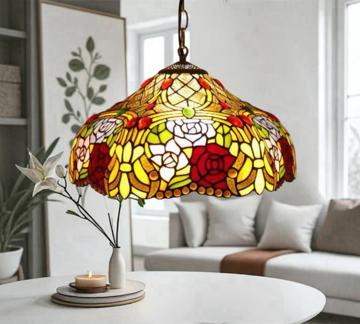 Multicolor floral stained-glass pendant lamp shade with hanging chain over sofa