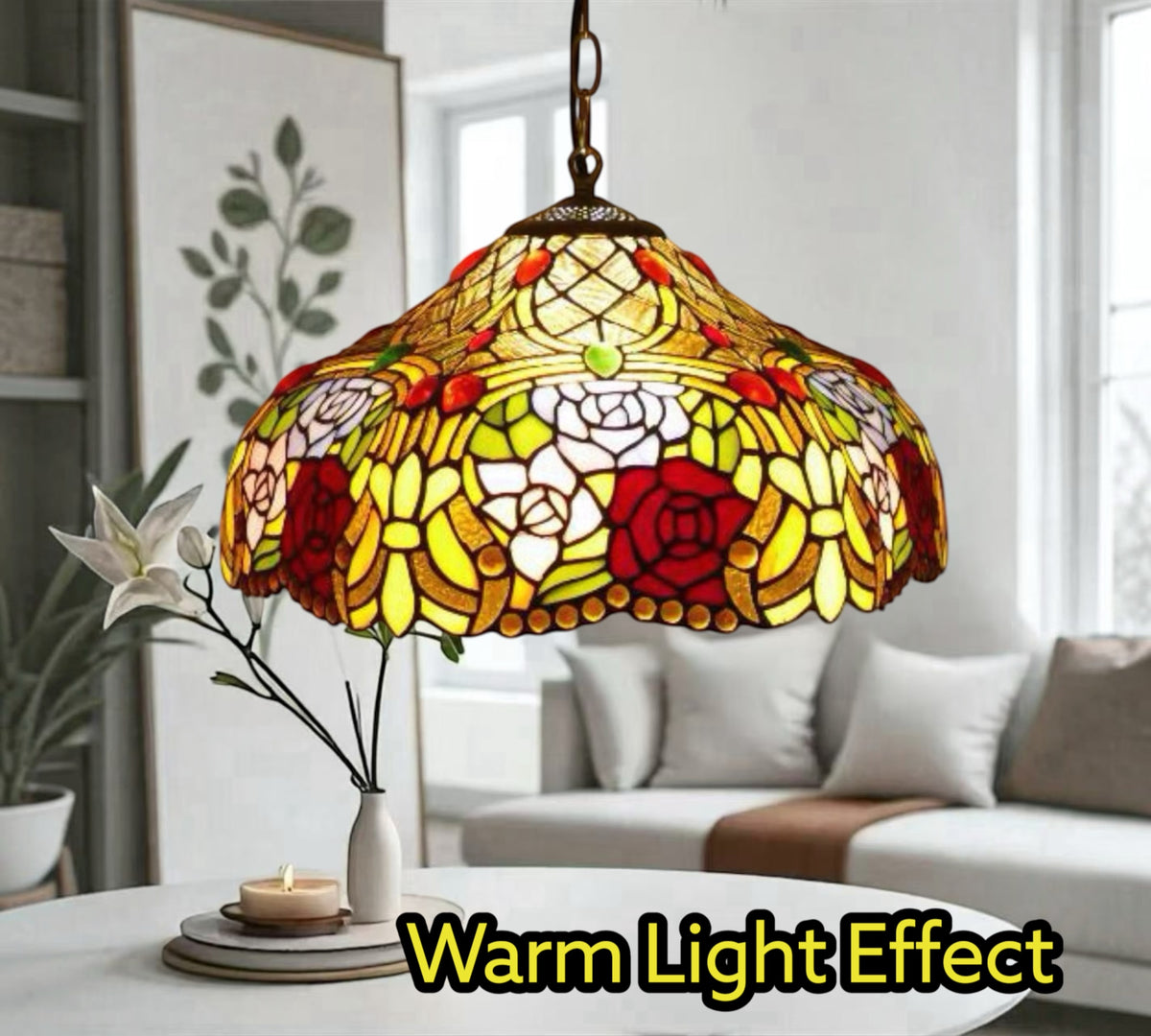 Multicolor floral stained-glass pendant lamp shade with hanging chain above table