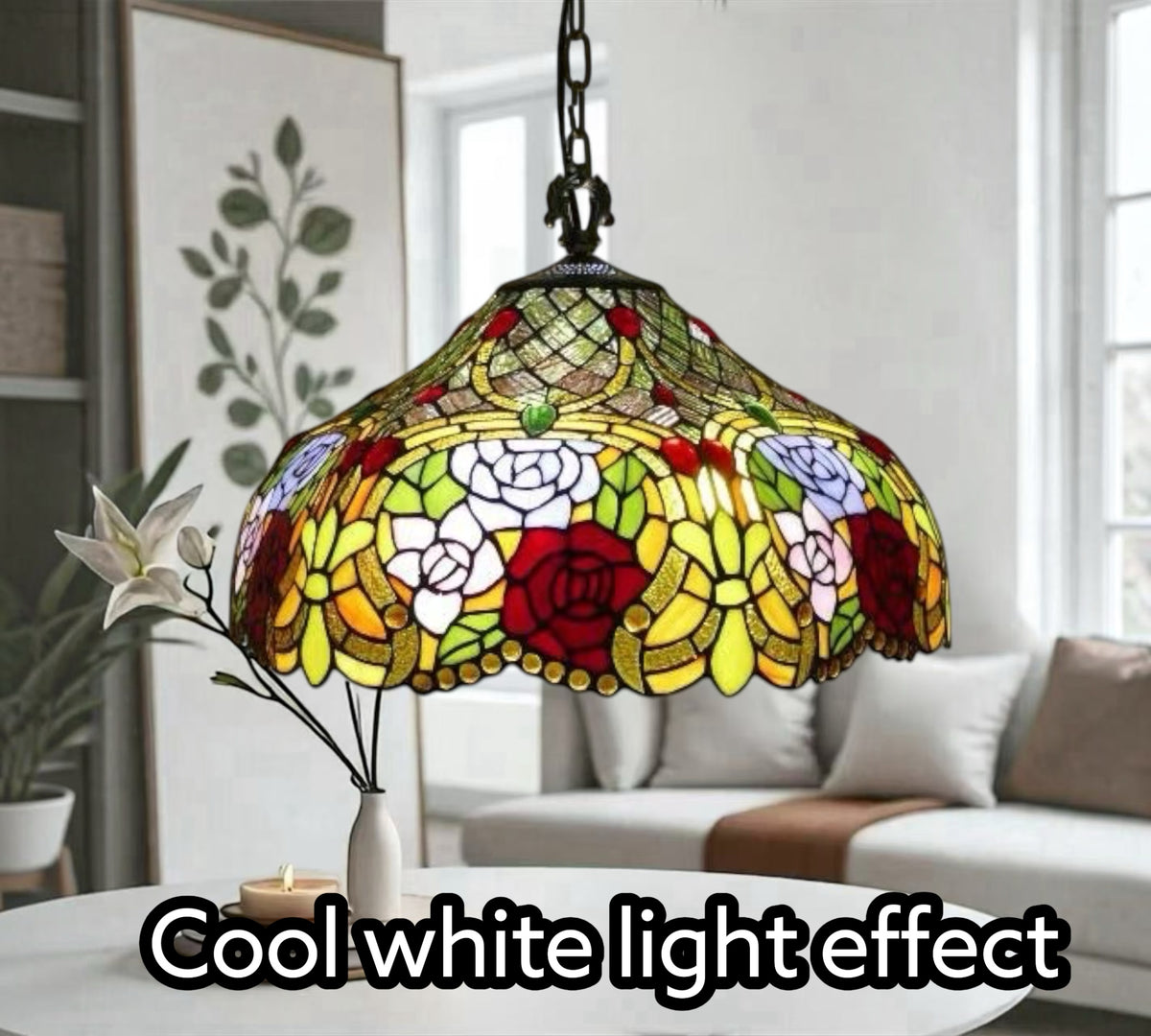 3/4 view multicolor floral stained-glass pendant lamp shade with hanging chain