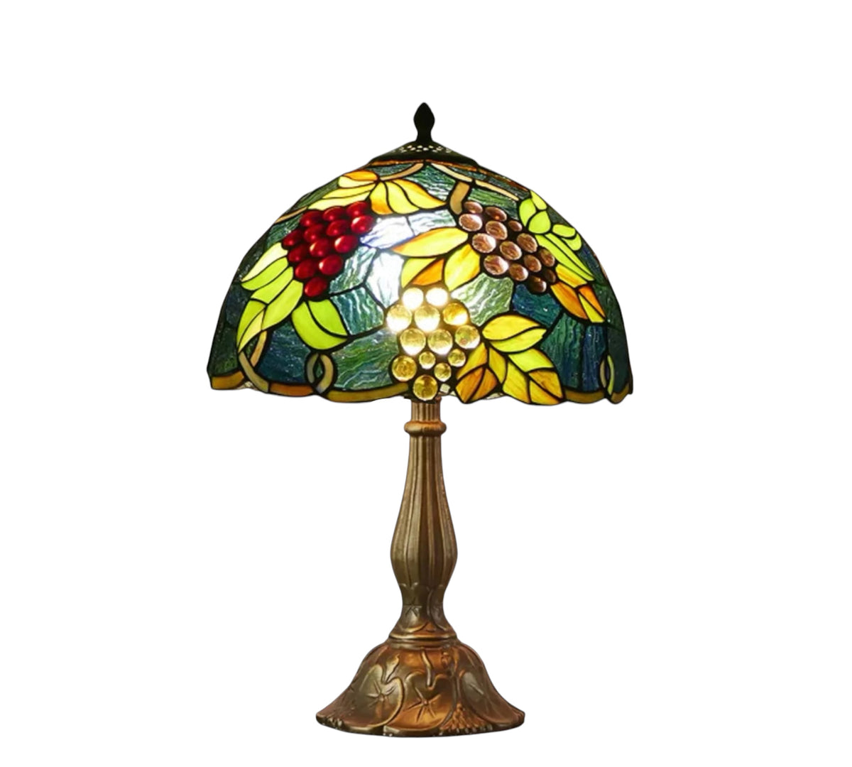 Tiffany table lamp with stained-glass grape shade and bronze metal base