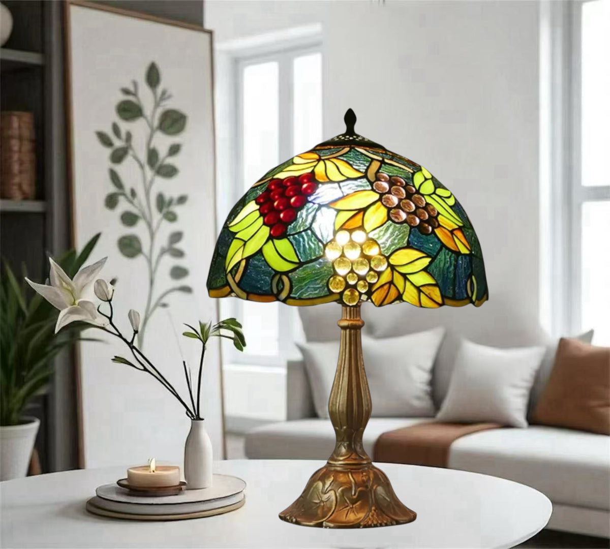 Tiffany table lamp with stained-glass grape shade and slender bronze pedestal base