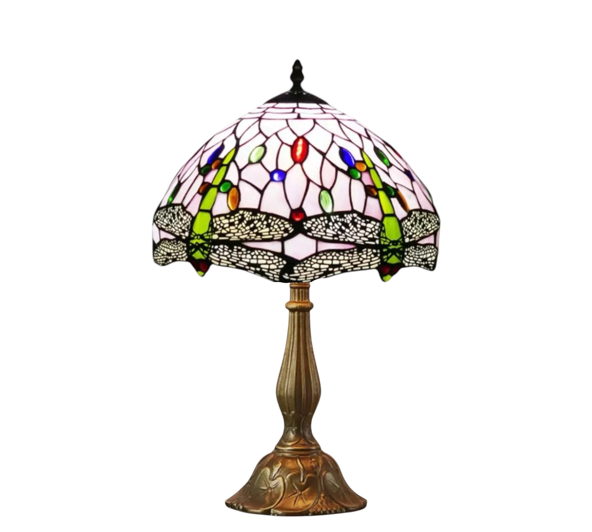 Multicolor stained-glass table lamp with bronze metal pedestal base and dome shade