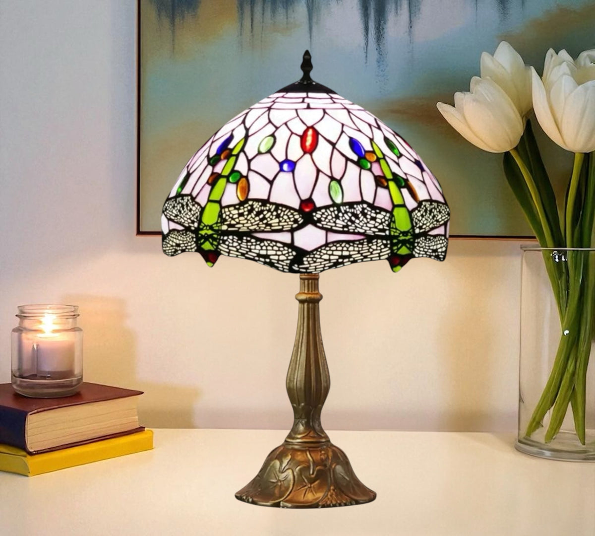 Dome stained-glass table lamp with multicolor pattern and bronze metal base