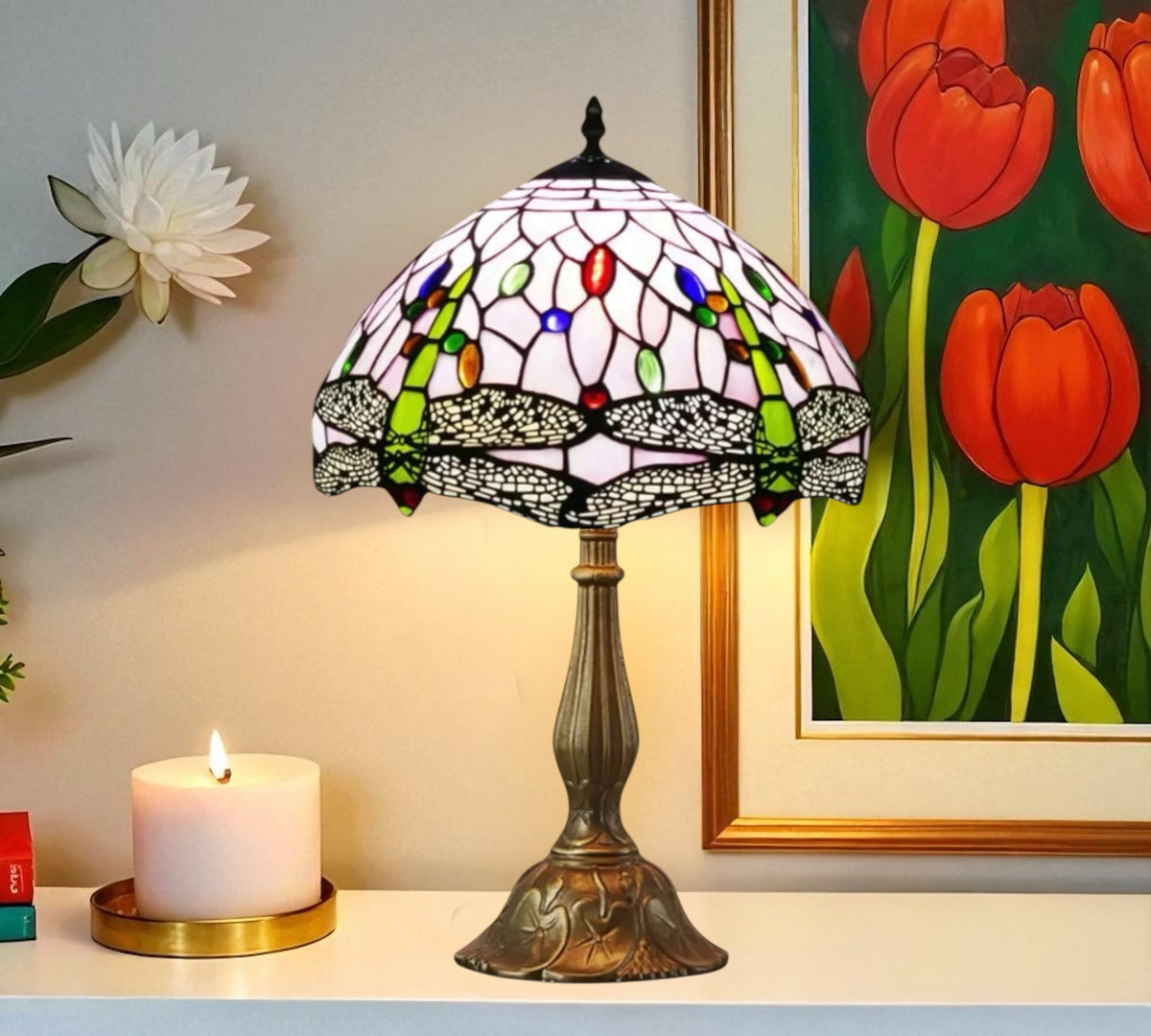 Multicolor stained-glass table lamp with bronze metal base and arched dome shade