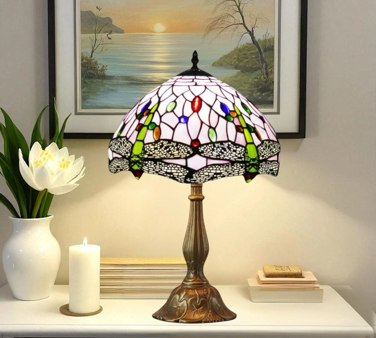Stained-glass table lamp with multicolor dome shade and bronze metal pedestal base