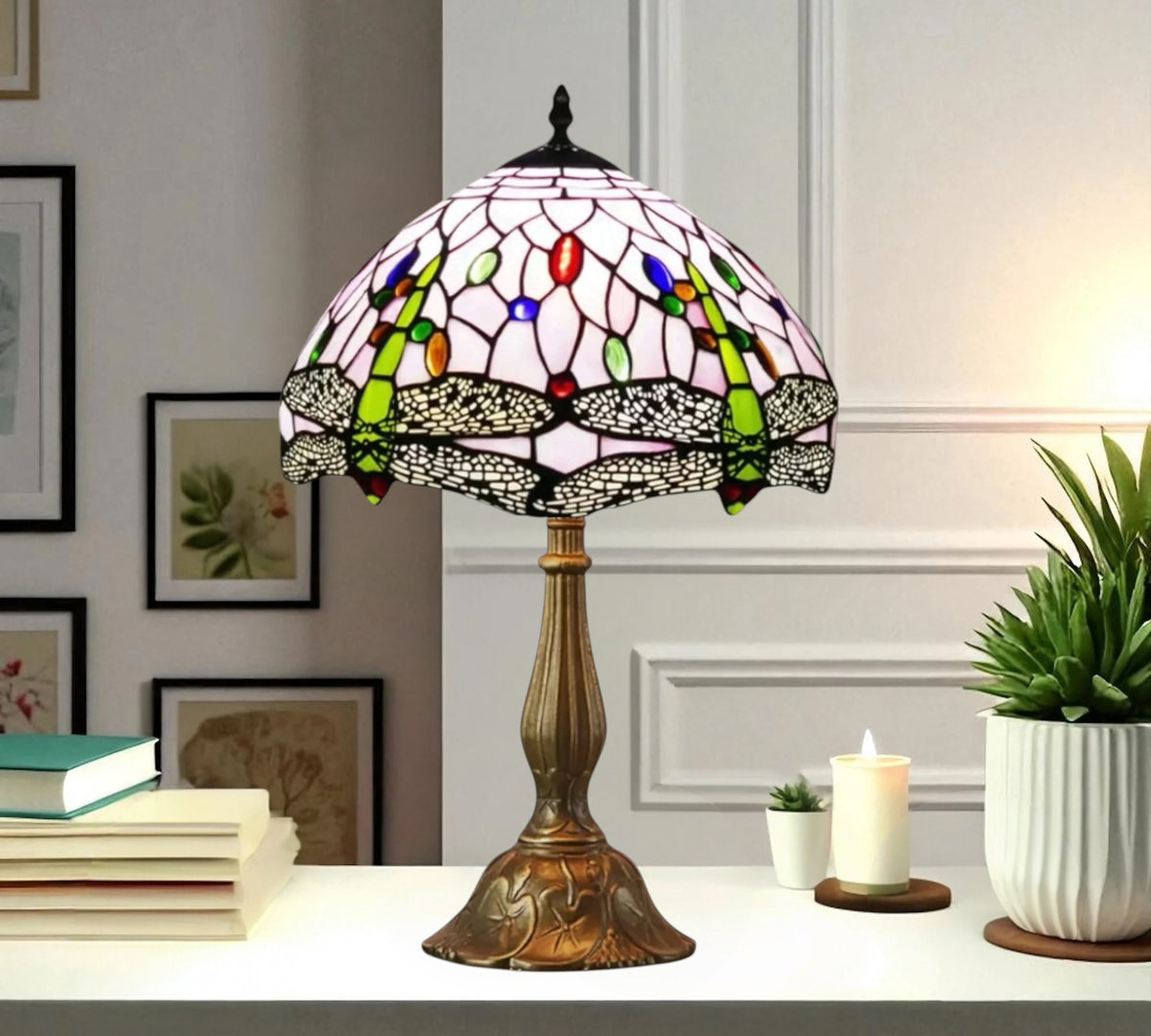 Multicolor dome stained-glass table lamp with bronze metal base