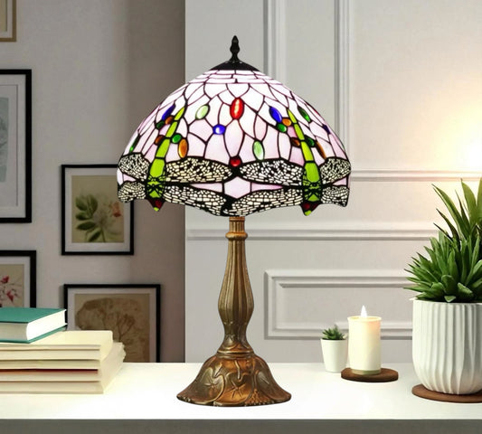 Multicolor dome stained-glass table lamp with bronze metal base