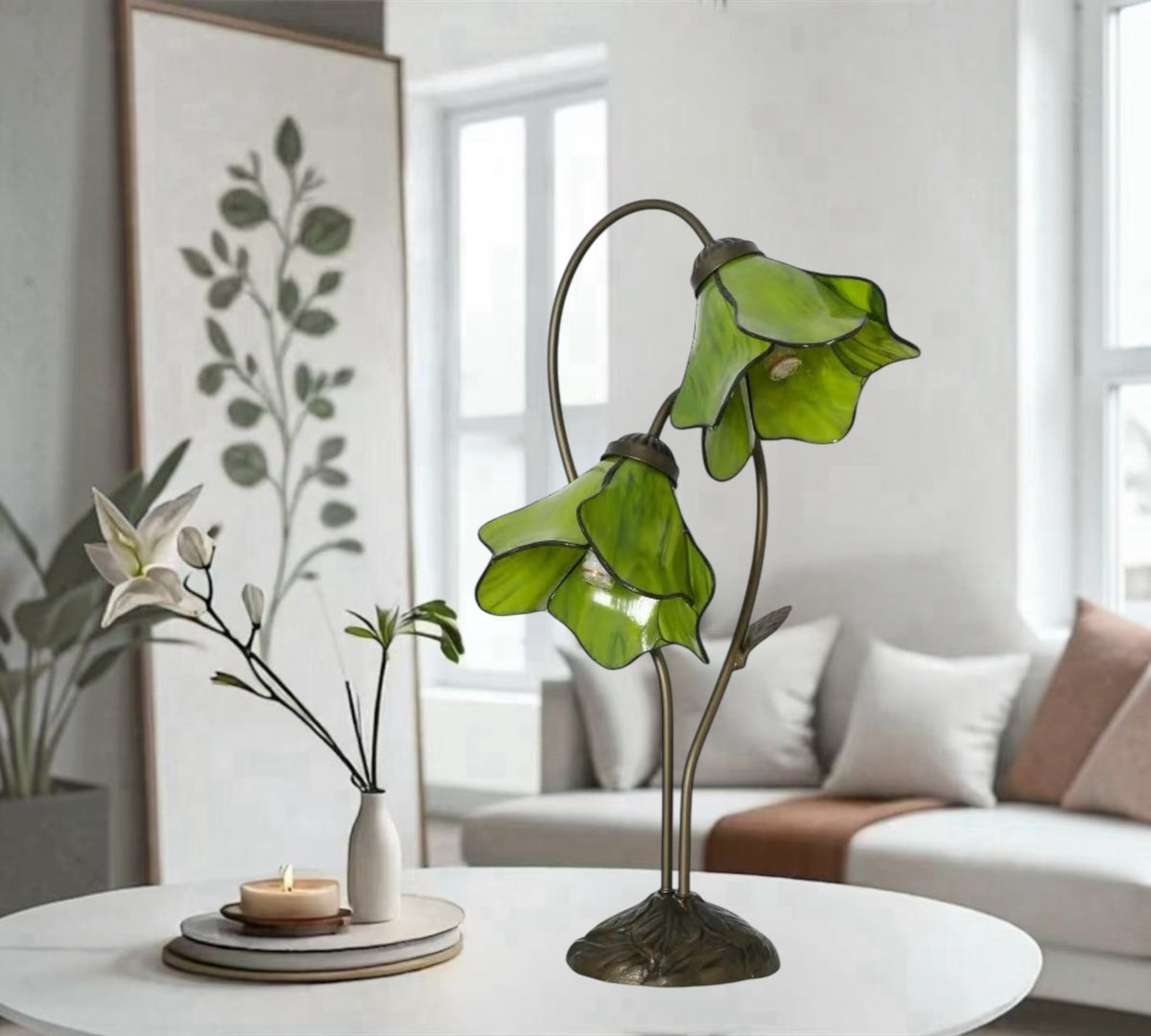 Green stained glass water lily table lamp with two flower shades and metal base