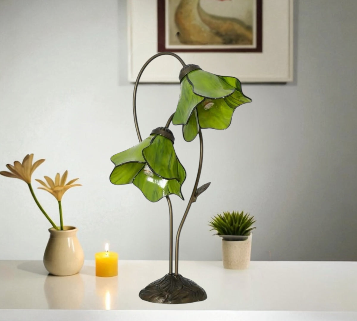 Green stained glass water lily table lamp with multiple flower shades and metal base