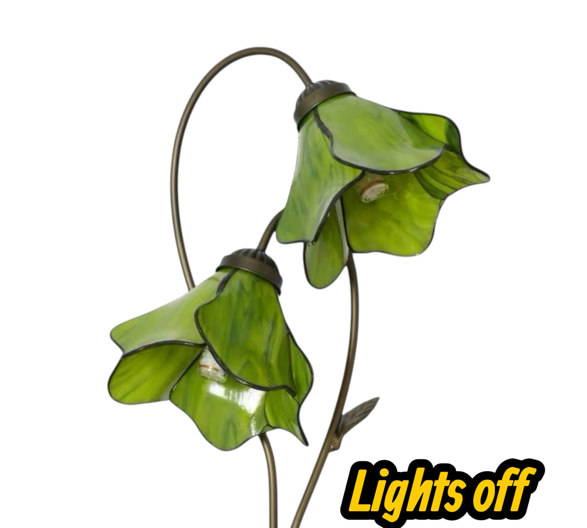Green stained glass water lily table lamp shade details with curved metal stand