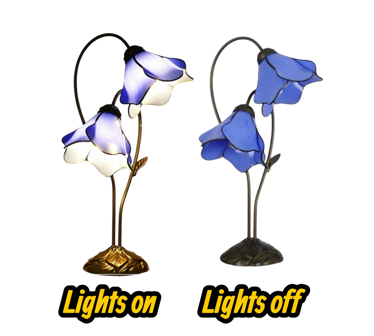 Set of two blue water lily stained glass table lamps: one lit, one unlit, metal bases
