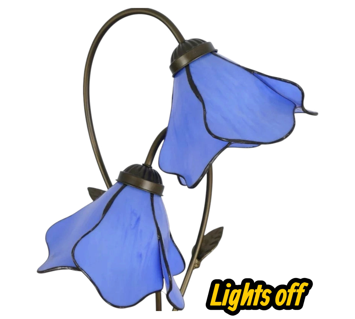 Water lily stained glass table lamp with two blue flower shades and arched metal stems