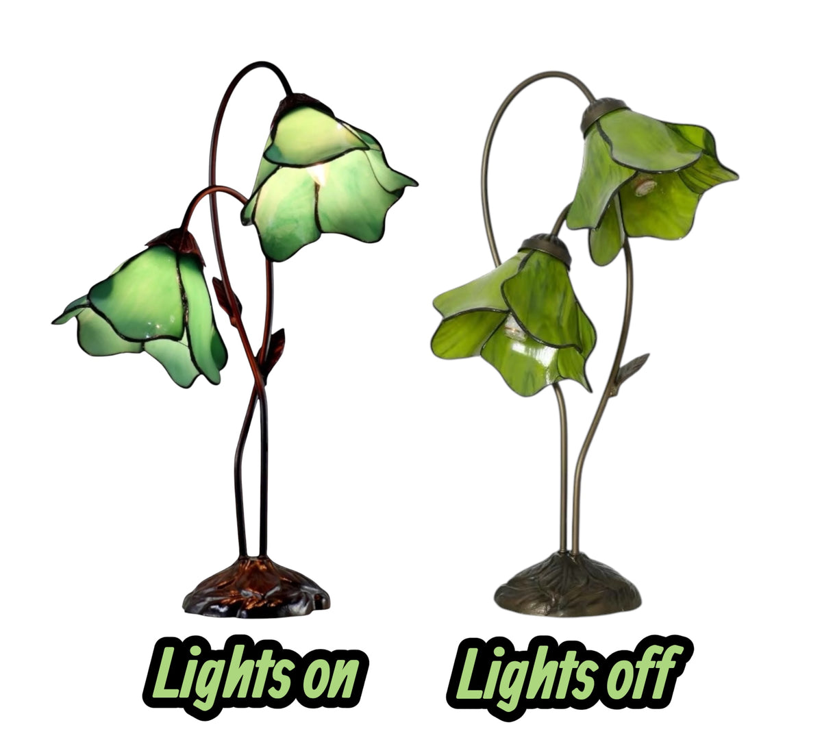 Table lamp with green stained glass water lily shades, lights on and off shown