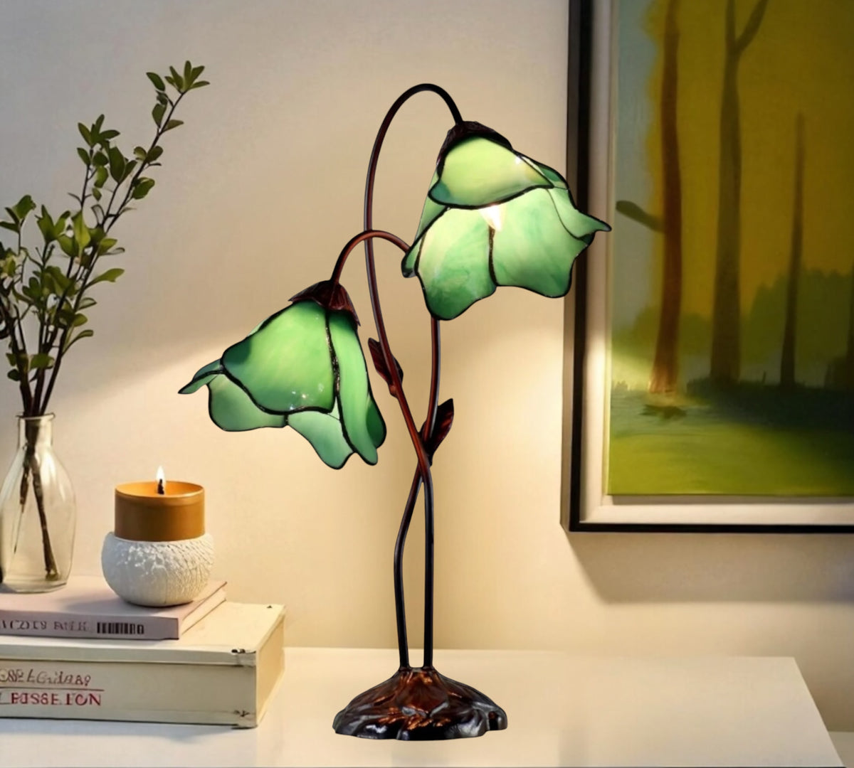 Green stained glass water lily table lamp with three flower shades and metal base