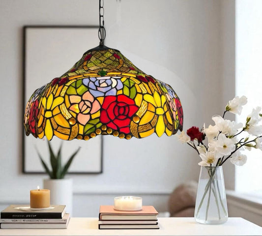 Tiffany-style stained glass pendant lamp shade with red floral motif and multicolor glass