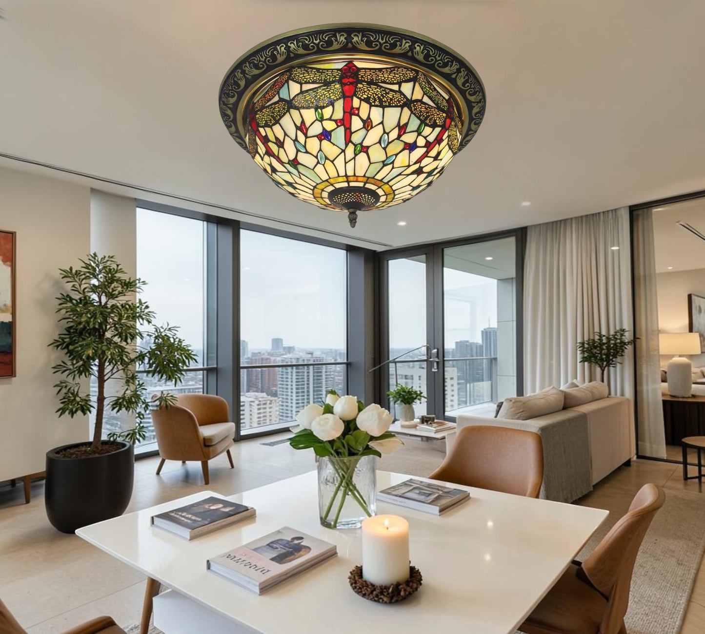 CDH 16" Tiffany Style Flush Mount Ceiling Lights with 40cm Shade (16035WCM)