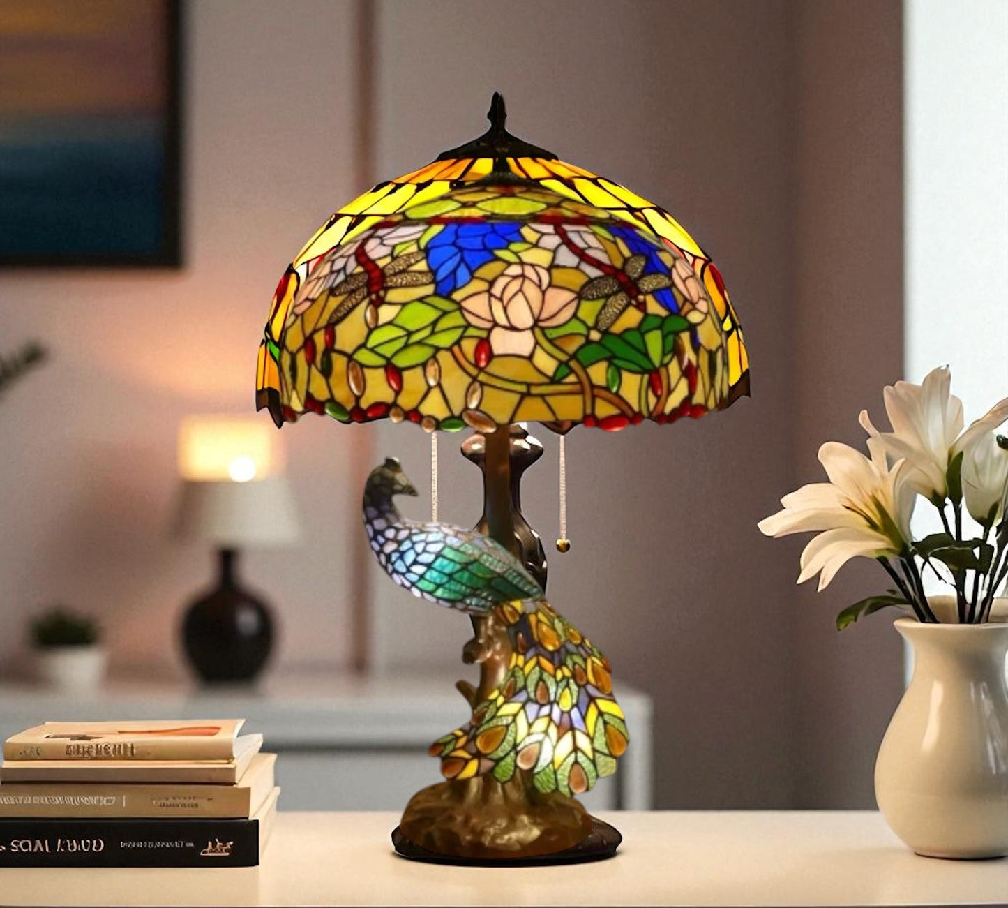 CDH 18" X-LARGE Tiffany Table Lamp 46cm Shade with Peacock (16941TL)