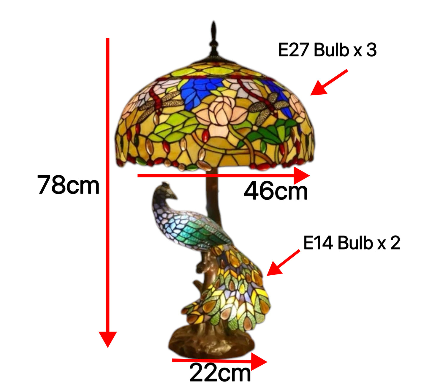 CDH 18" X-LARGE Tiffany Table Lamp 46cm Shade with Peacock (15013TL)