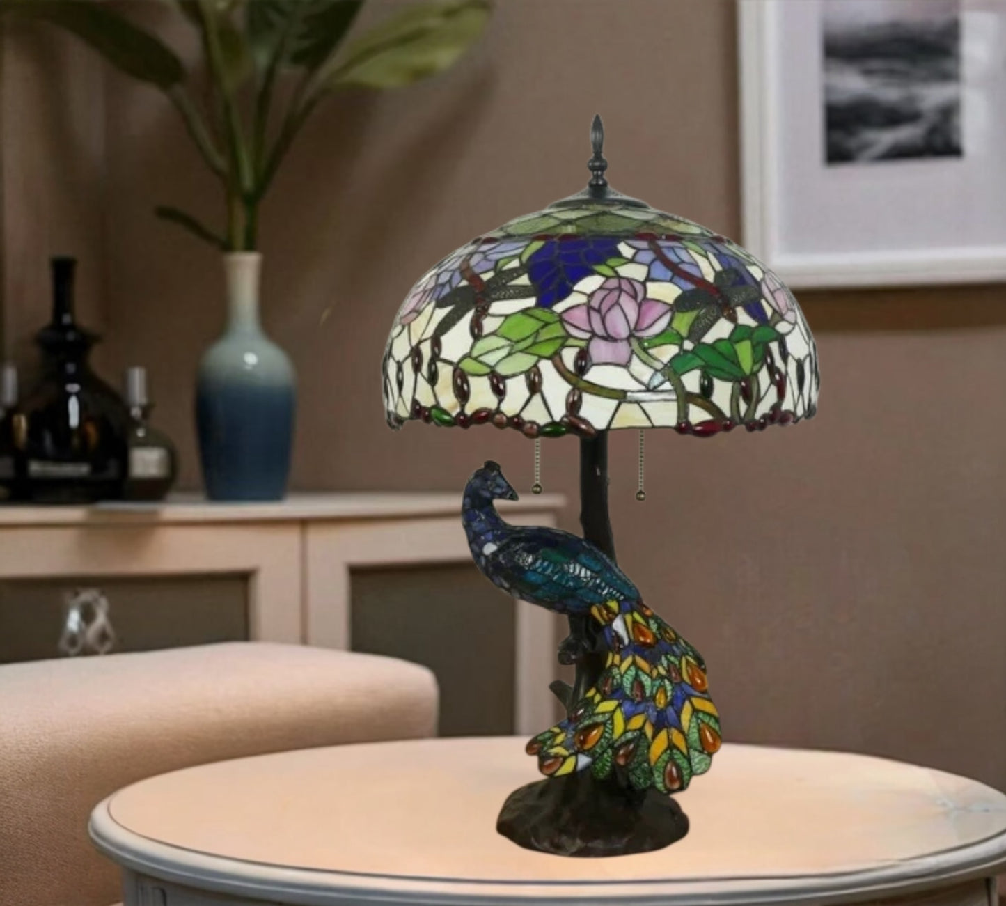 CDH 18" X-LARGE Tiffany Table Lamp 46cm Shade with Peacock (16941TL)