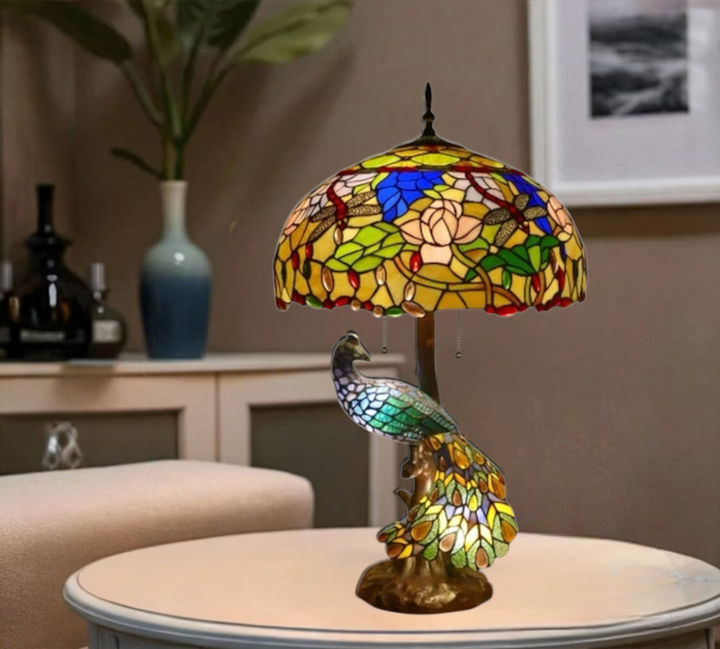 CDH 18" X-LARGE Tiffany Table Lamp 46cm Shade with Peacock (16941TL)