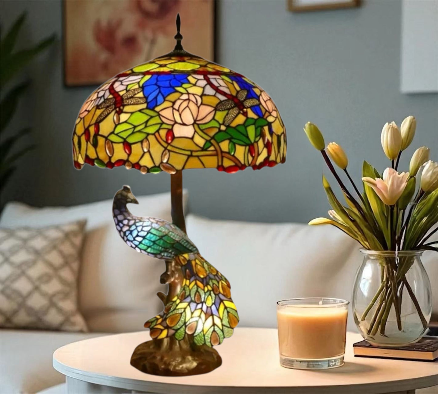 CDH 18" X-LARGE Tiffany Table Lamp 46cm Shade with Peacock (16941TL)