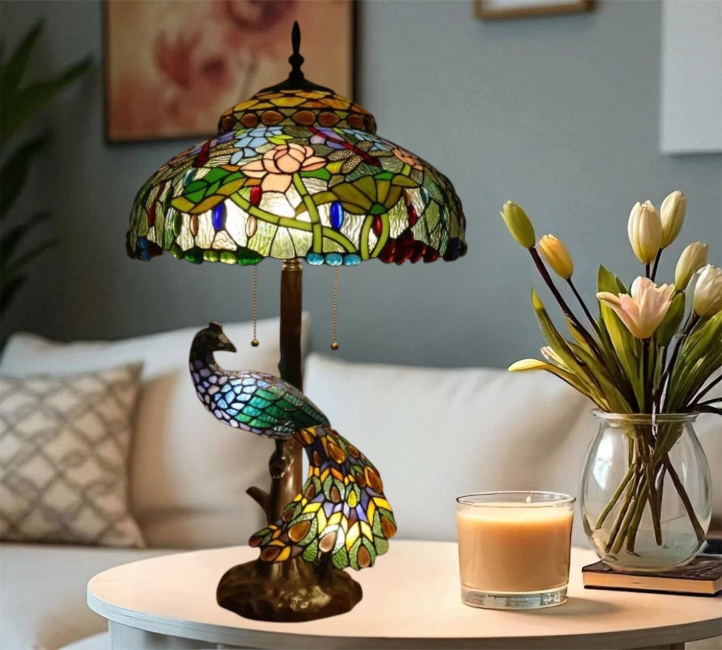 CDH 18" X-LARGE Tiffany Table Lamp 46cm Shade with Peacock (19003TL)
