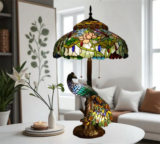 CDH 18" X-LARGE Tiffany Table Lamp 46cm Shade with Peacock (19003TL)