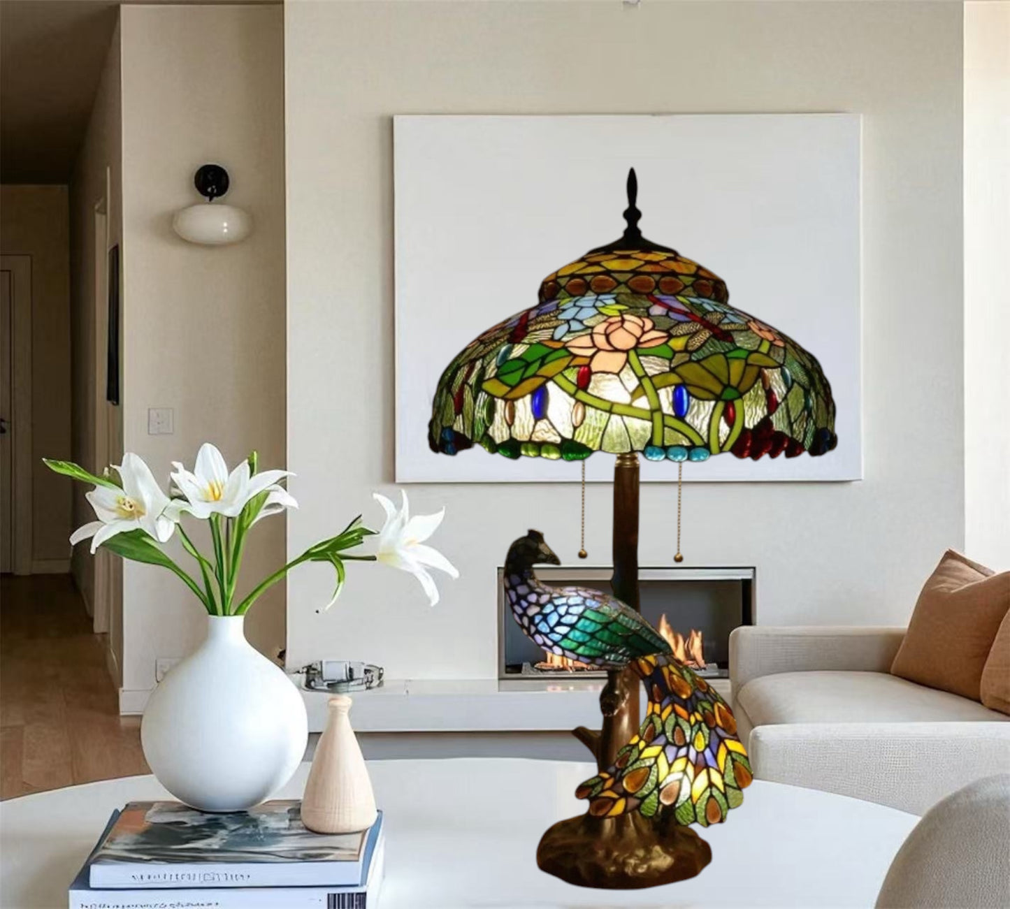 CDH 18" X-LARGE Tiffany Table Lamp 46cm Shade with Peacock (19003TL)
