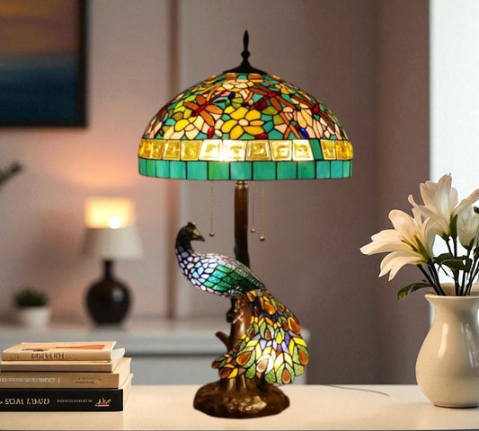 CDH 18" X-LARGE Tiffany Table Lamp 46cm Shade with Peacock (19004TL)